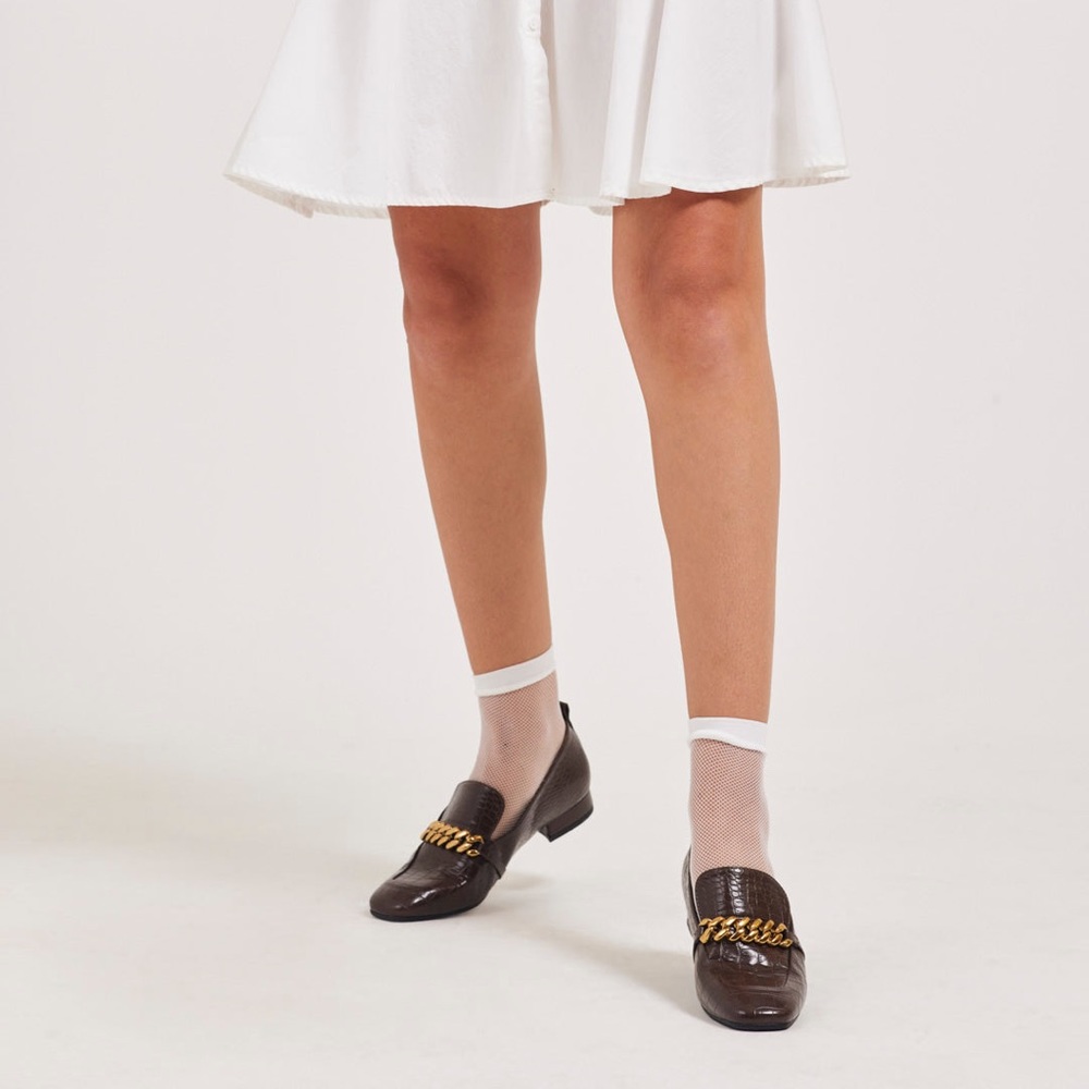 NEW croc embossed brown loafers gold chunky chain